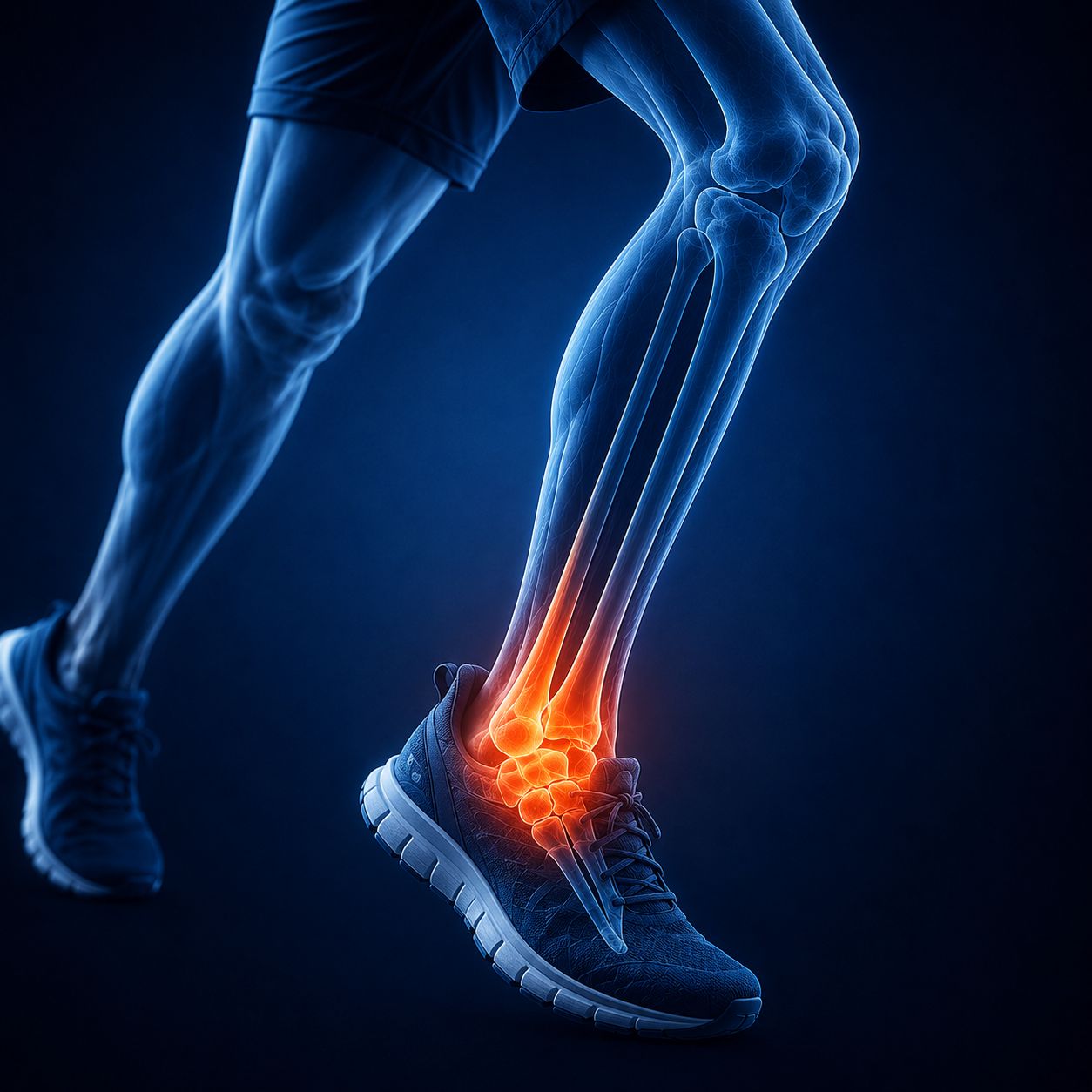 Anatomical illustration highlighting the ankle joint of a runner
