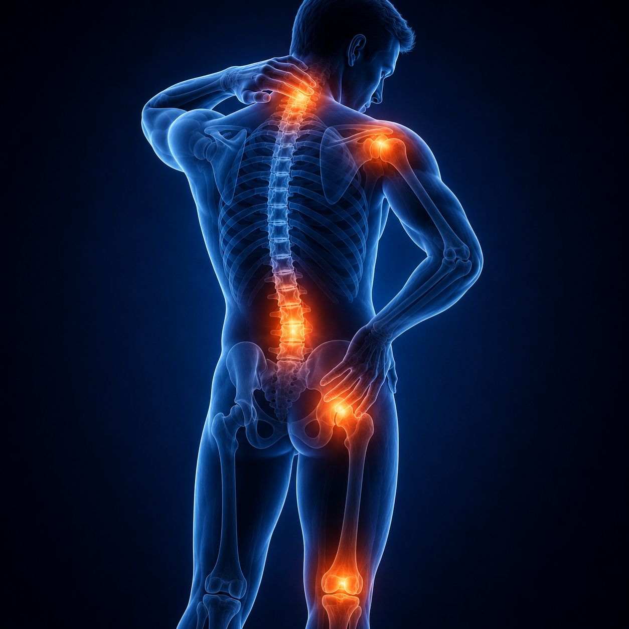 Anatomical illustration highlighting shoulder, spine, hip and knee pain areas